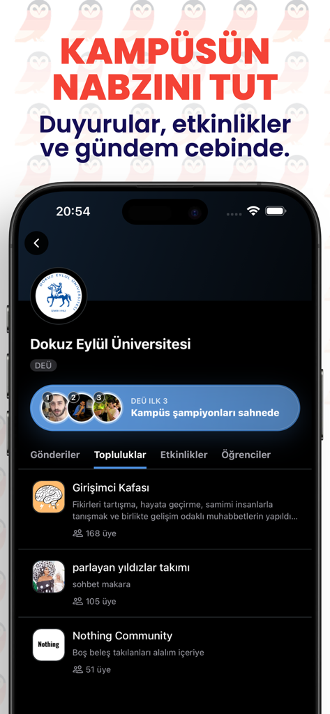 Pantalla de smartphone que muestra la página de comunidades de la aplicación Kampusify para la Universidad Dokuz Eylul con varios grupos de estudiantes