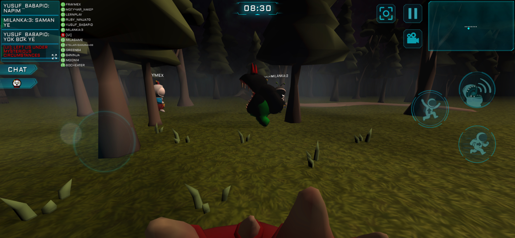 A 3D gameplay scene from Imposter 3D online horror featuring a scary imposter and mini astronauts in a dark forest.