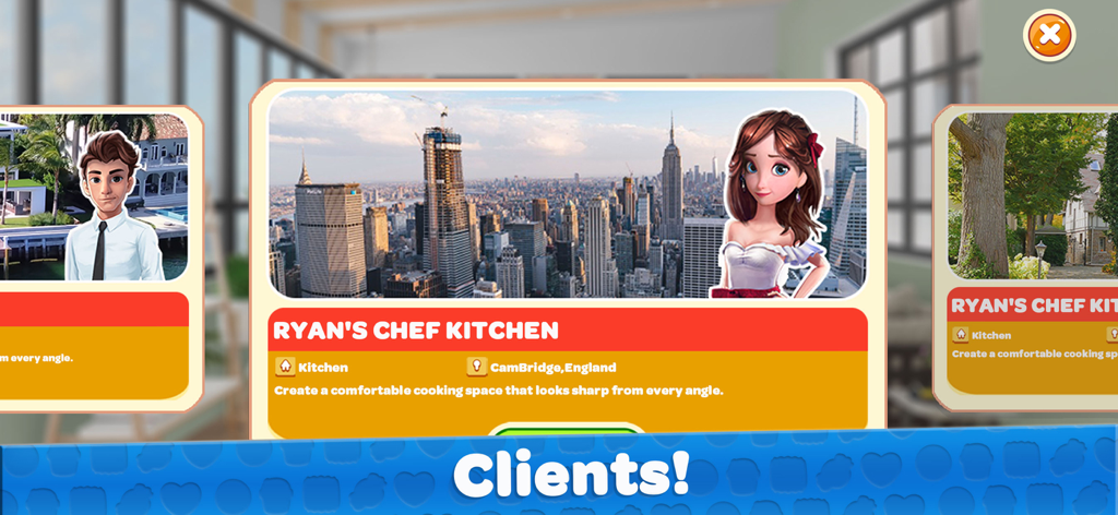 My House - Home Design Games - Tela de seleção de clientes no jogo de design de casas My House, apresentando um projeto de reforma de cozinha.