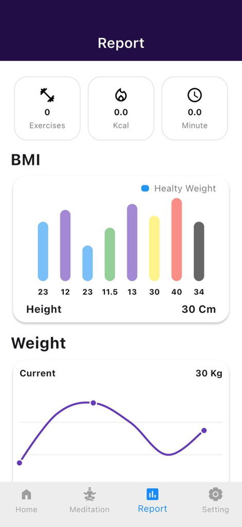 Tai Chi app report screen showing workout statistics like calories burned, BMI chart, and weight tracking history.