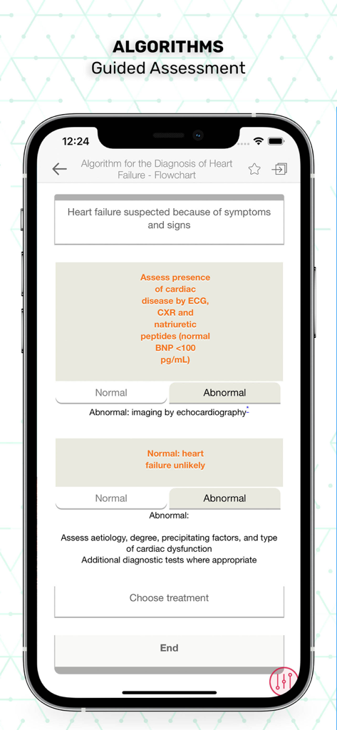Fluxograma de avaliação guiada para diagnóstico de insuficiência cardíaca no aplicativo Essentials Clinical Medicine