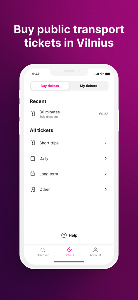 Screenshot of the Trafi mobile app showing the ticket purchase screen for public transport in Vilnius
