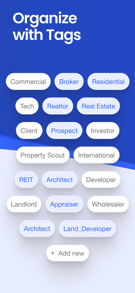 Covve CRM Manage your contacts - Covve CRM-Oberfläche mit Kontakt-Tags für Immobilien- und Business-Networking-Profis
