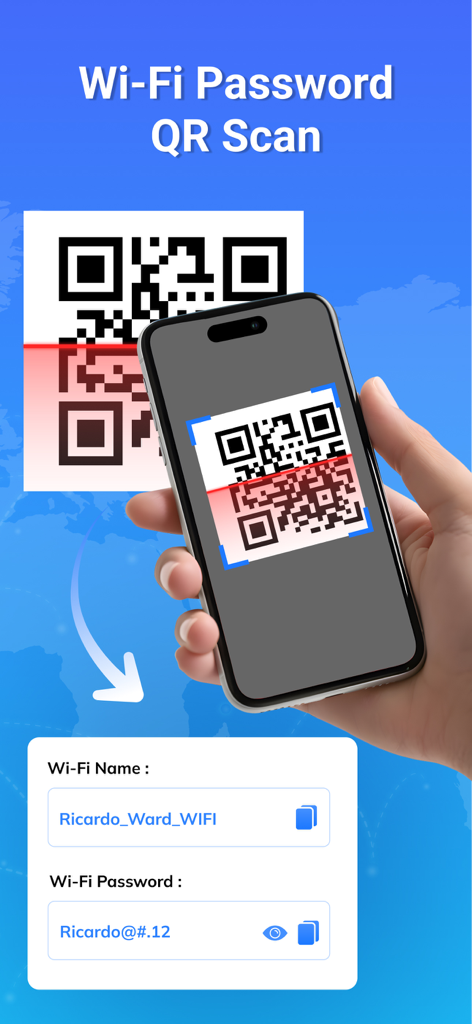 Smartphone escaneando un código QR para ver los detalles del nombre y la contraseña de WiFi