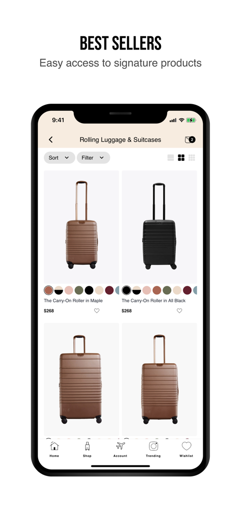 BÉIS - BEIS mobile app screen showing best selling rolling luggage and suitcases