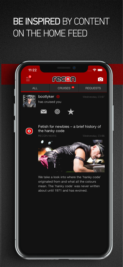 Recon mobile app home feed displaying recent activity notifications and a gay fetish lifestyle news article