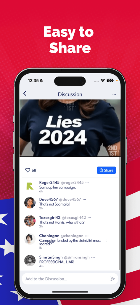 Mobile App-Oberfläche, die einen Thread mit politischen Diskussionen mit Kommentaren und einer Schaltfläche zum Teilen zeigt.