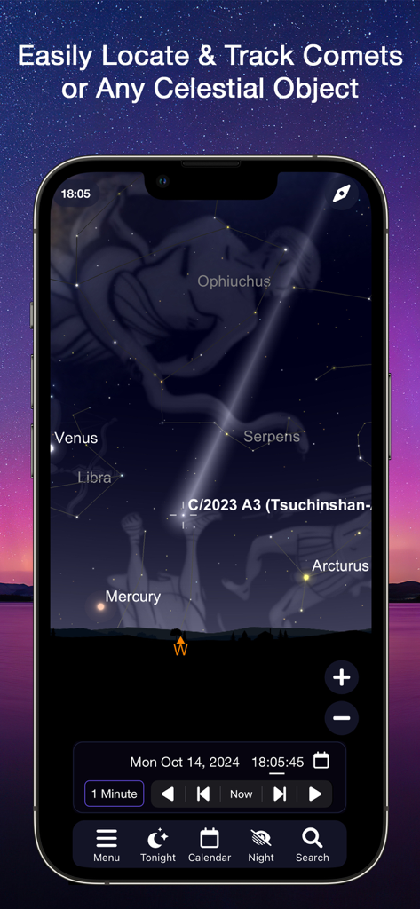 SkySafari - SkySafariアプリのインターフェース。星座とハイライトされた彗星トラッカーが表示された星図。