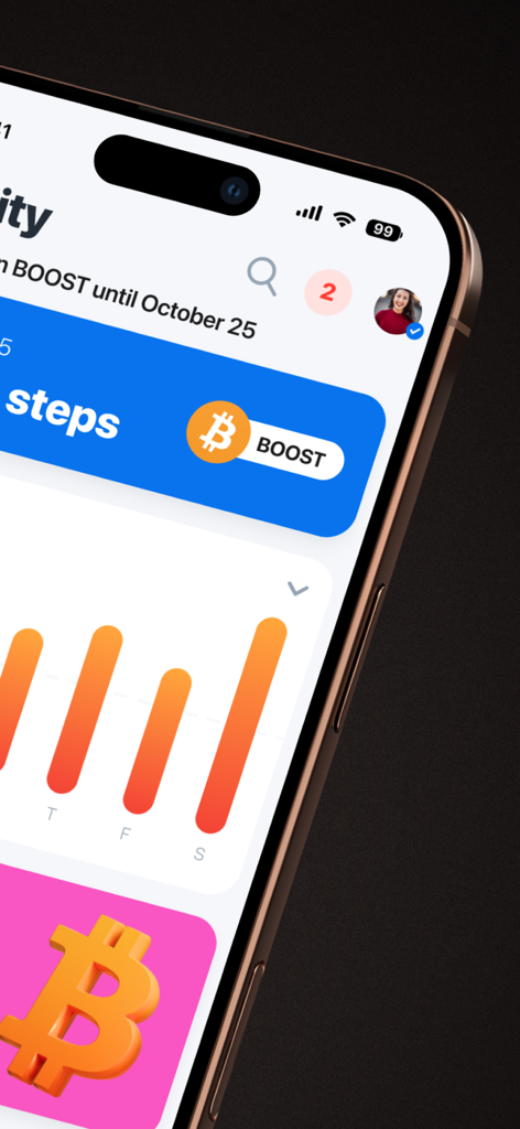 sMiles app interface on an iPhone showing step count activity and a Bitcoin reward boost button