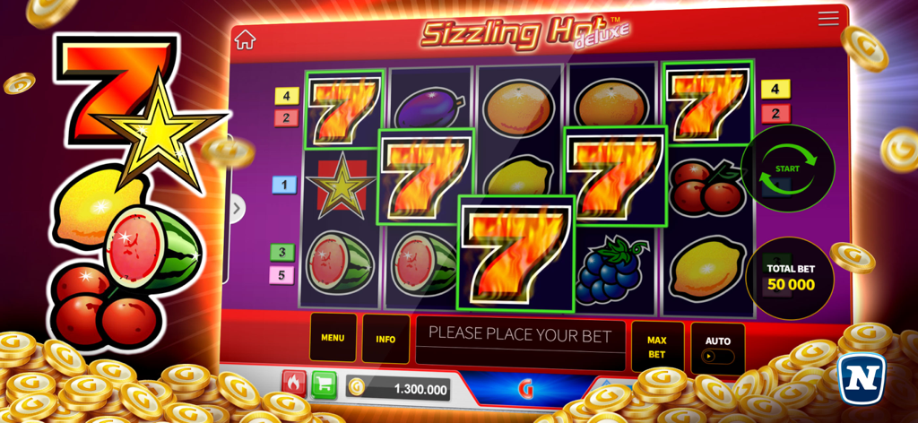 Gaminator Casino Slots & Games - 불타는 7 기호와 금화가 있는 Sizzling Hot Deluxe 슬롯 게임 인터페이스