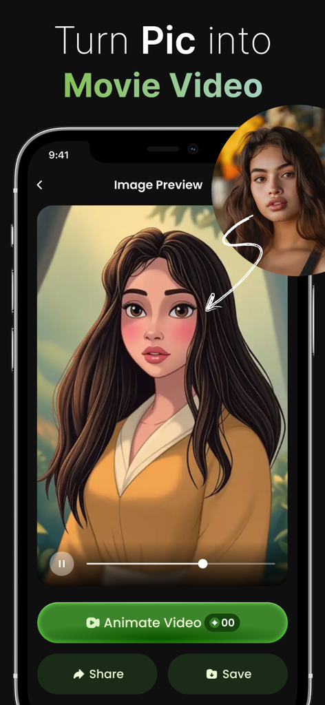 Figurine 3D - Action Figure AI - Mobile app interface showing a real portrait photo transformed into a 3D animated movie character