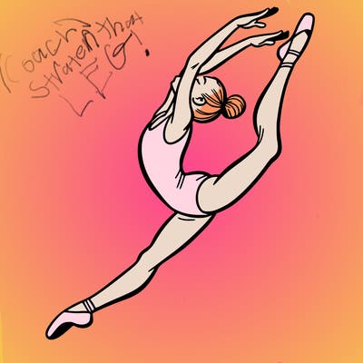 gymnast doing a leap in a leotard with a bent back leg