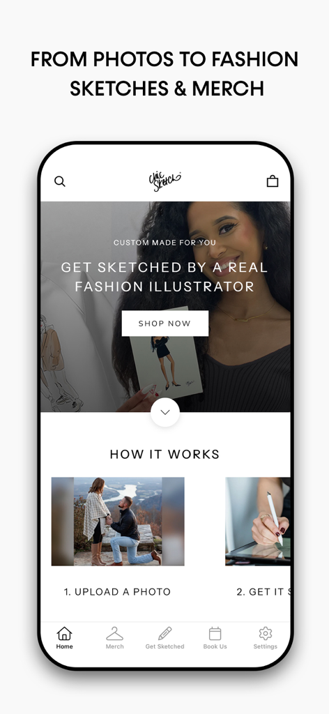 Chic Sketch - Chic Sketch app home screen featuring custom fashion sketches and instructions on how to upload photos for hand drawn artwork
