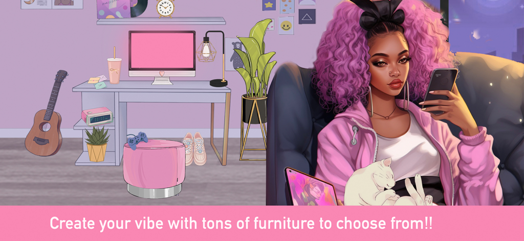 Lofti: Dreamy Room Decor Game - A girl with pink hair relaxing in a cozy room with aesthetic furniture