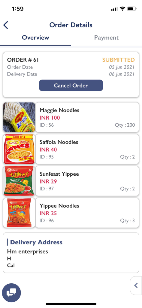 Storimart Salesman Ordering - Order details screen in the Storimart Salesman app showing a list of products and delivery address for a submitted order