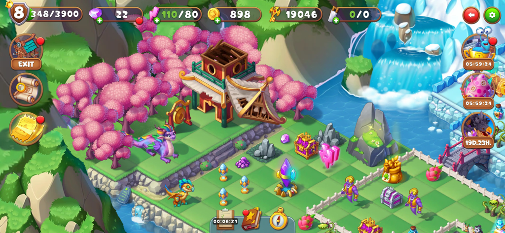 Mergest Kingdom: merge puzzle - A magical island in Mergest Kingdom featuring dragons and pink trees with mergeable resources on a grid