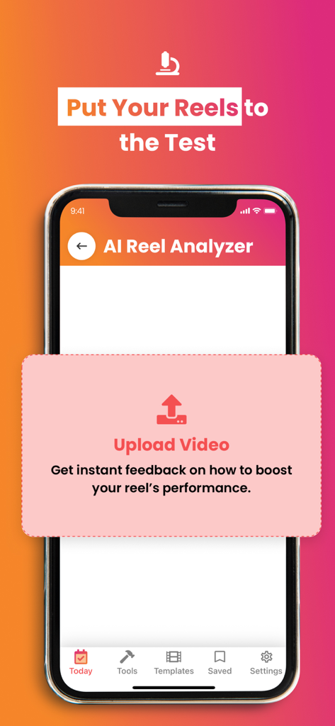ReelTrends Templates & Sounds - Interface of the AI Reel Analyzer feature showing an upload video button to get feedback on social media performance