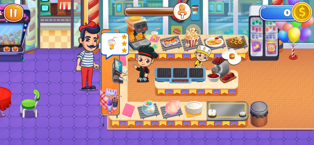 Vlad and Niki characters serving food to a customer in their virtual cafe