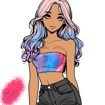 realistic pretty  girl with tube top and denim shorts one girl