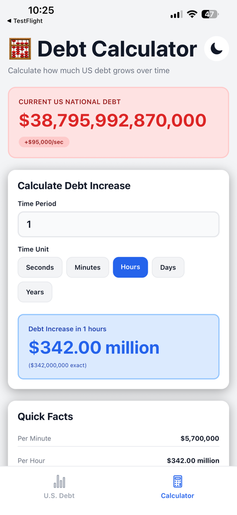 Interface of the US Debt Clock app showing a calculator for projected national debt growth over time.