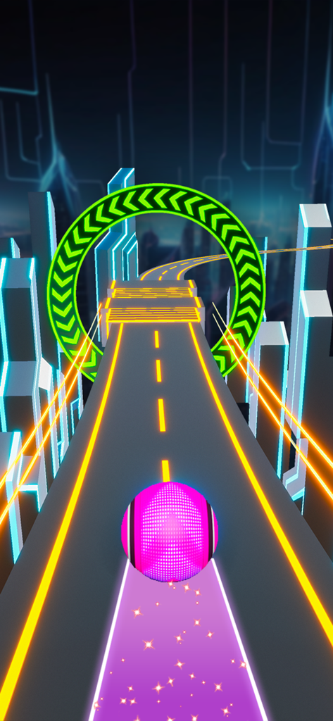 Pink music ball racing on a neon track towards a green rhythmic gate
