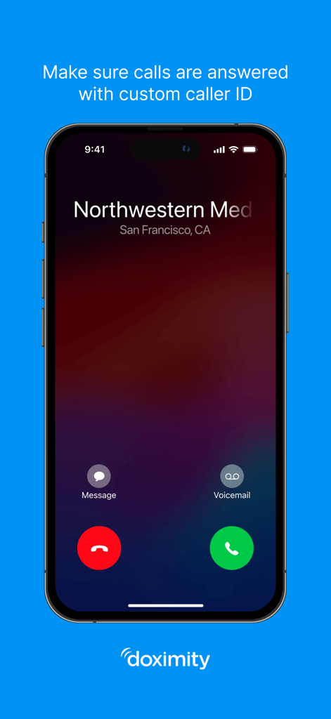 Un smartphone affichant un appel entrant avec un identifiant d'appel personnalisé du bureau médical utilisant l'application Doximity.