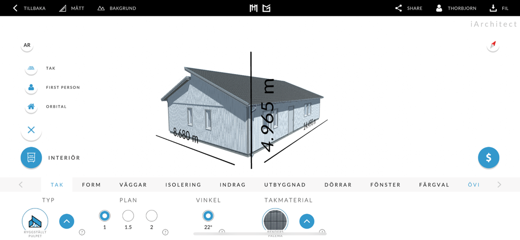 iArchitect - A 3D building model design interface in the iArchitect app showing dimensions and roof customization options.