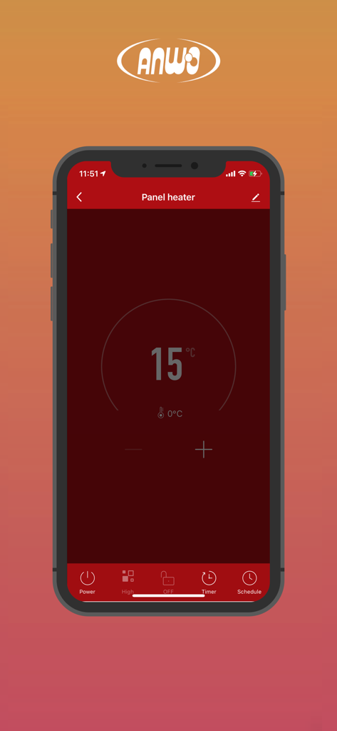 ANWO Home app interface for remote control of a smart panel heater