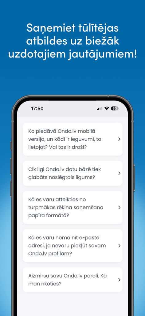 Ondo.lv mobile app screenshot displaying the frequently asked questions screen in Latvian