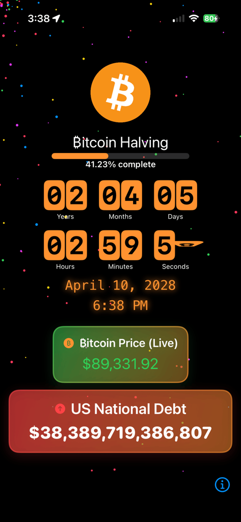 Interface do aplicativo Halving do Bitcoin mostrando contagem regressiva, preço ao vivo e dívida nacional dos EUA