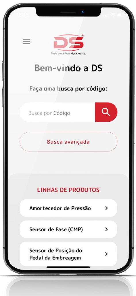 DS Auto - DS Auto mobile application interface showing search by code functionality and automotive product categories