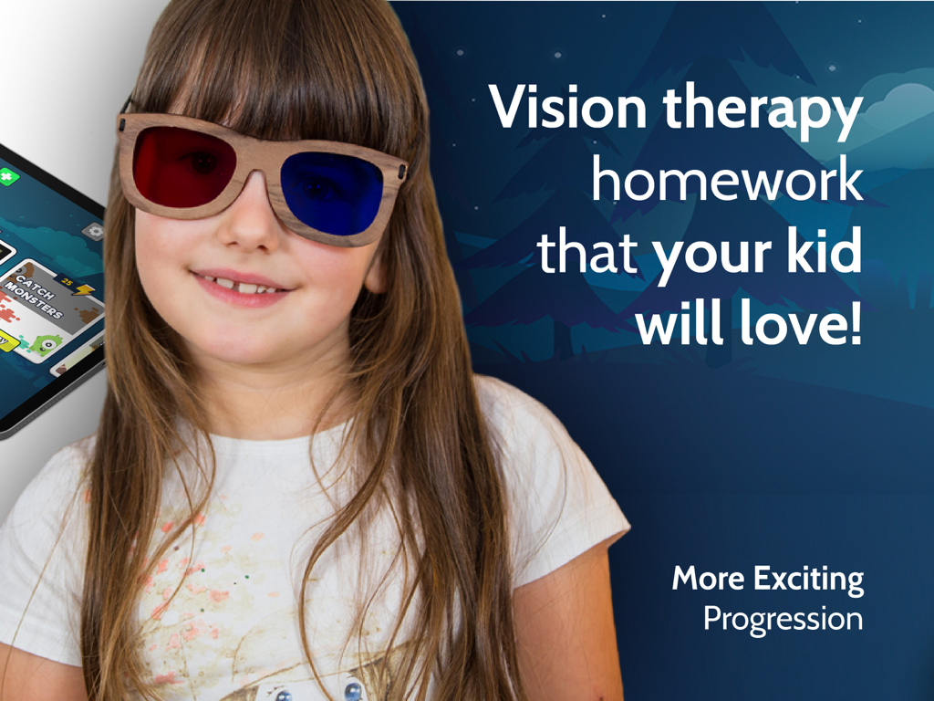 AmblyoPlay - A young girl smiling while wearing red and blue vision therapy glasses for AmblyoPlay games