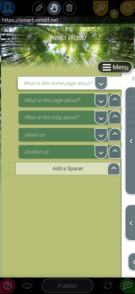 Mobile Oberfläche des SimDif Website-Builders, integriert mit YorName zur Bearbeitung von Website-Abschnitten