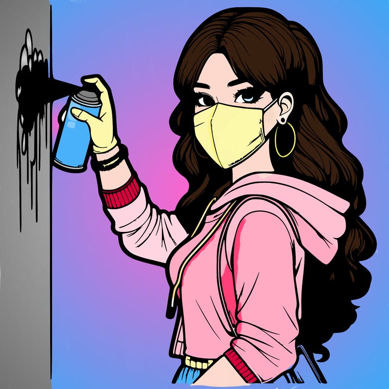 realistic girl with mask spray painting a wall