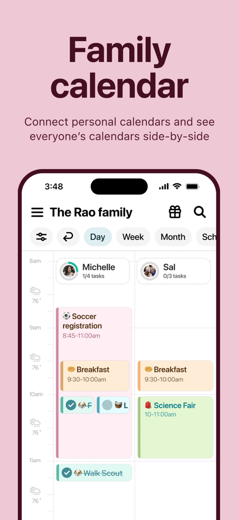 Maple app shared family calendar displaying side-by-side daily schedules for family members
