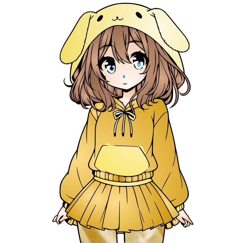 pretty anime girl wearing a fluffy hoodie with bunny ears on the hood and a skirt
