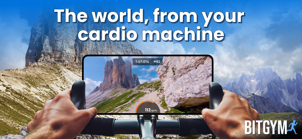 BitGym app on a smartphone showing a scenic mountain trail while mounted on bicycle handlebars