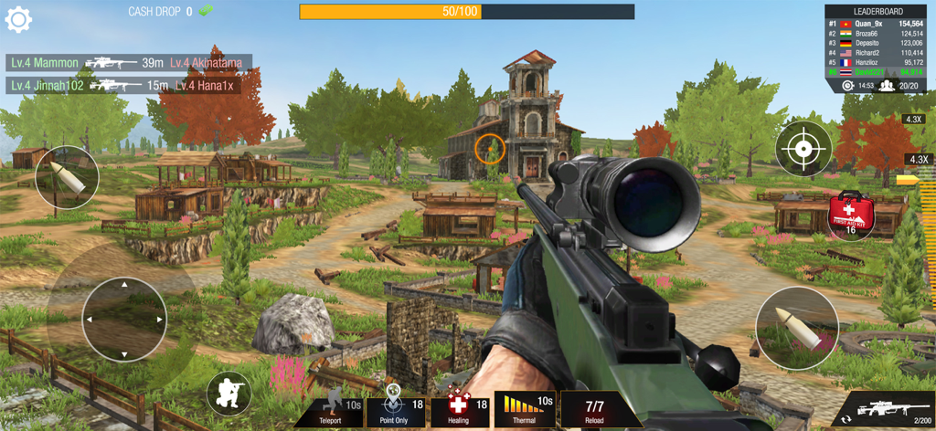 First person shooter gameplay of Sniper 3D Bullet Strike PvP showing a sniper rifle and outdoor arena