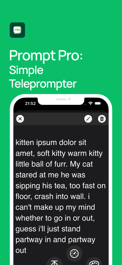 Prompt Pro: Easy Teleprompter - Interface do aplicativo teleprompter Prompt Pro mostrando um roteiro rolando em um fundo escuro com ícones de edição e controle de velocidade.