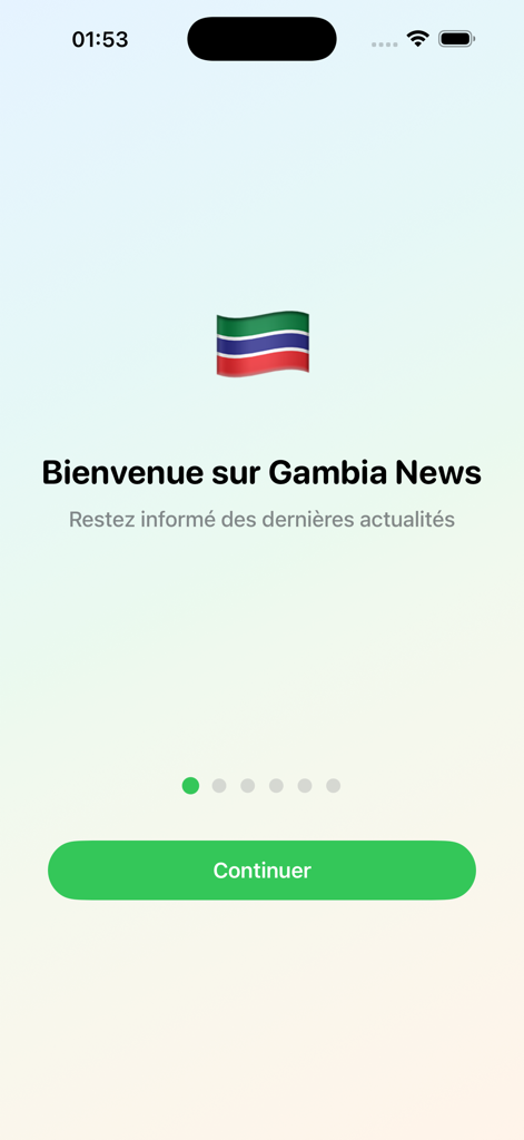 Pantalla de bienvenida de la aplicación News Gambia con la bandera nacional.