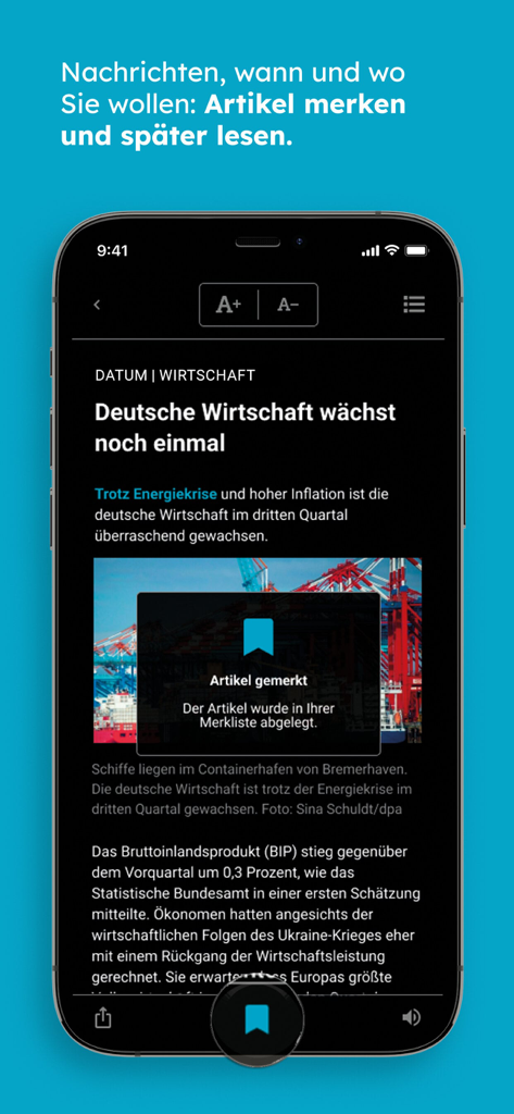 A screenshot of the SÜDWEST PRESSE news app showing a bookmarked article in dark mode.