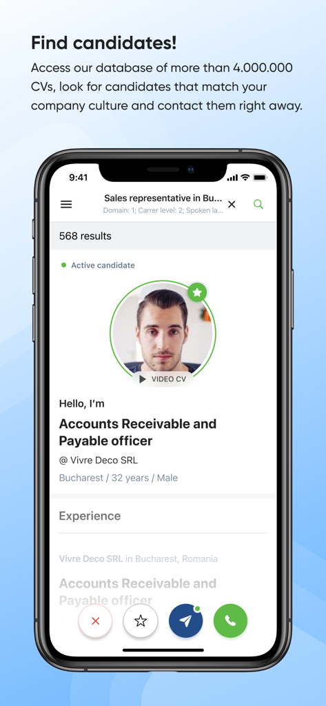 bestjobs - Interfaz de la aplicación Bestjobs que muestra el perfil de un candidato con un CV en video.