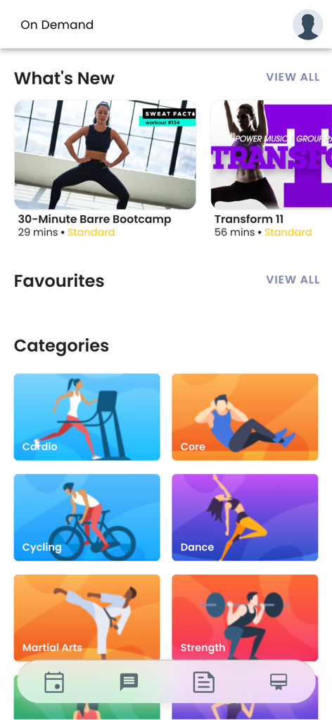 Interface de l'application Waterfront Wellness affichant les catégories d'entraînements à la demande et les nouvelles vidéos de fitness