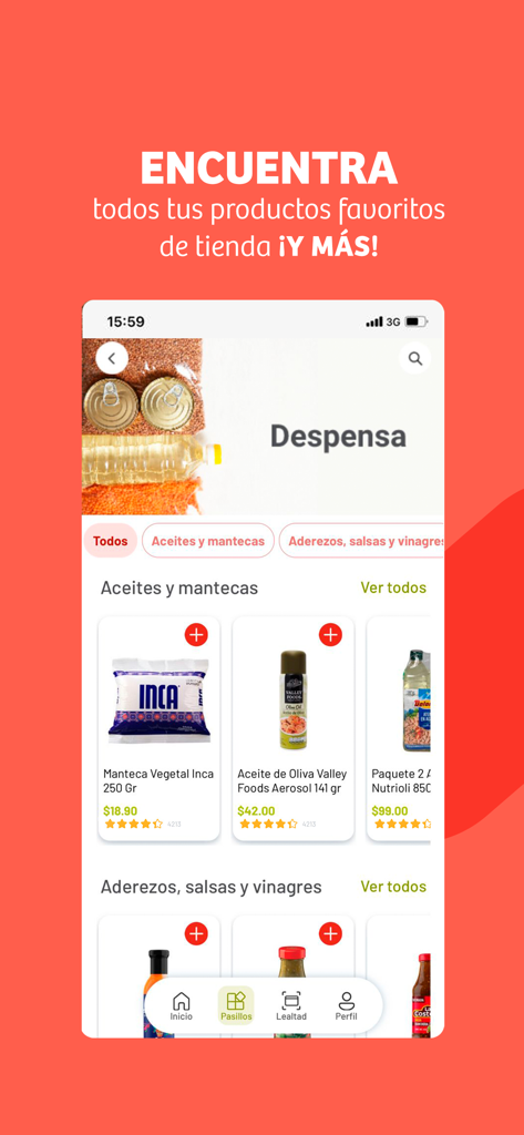 Pantalla de la app Soriana mostrando varios productos de despensa, incluyendo aceites de cocina y salsas.