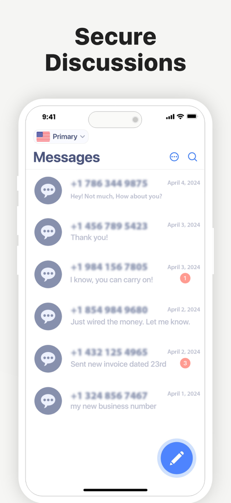2nd Line - Second phone number - Une liste de discussions de messages texte sécurisés dans l'application de numéro de téléphone secondaire 2e Ligne