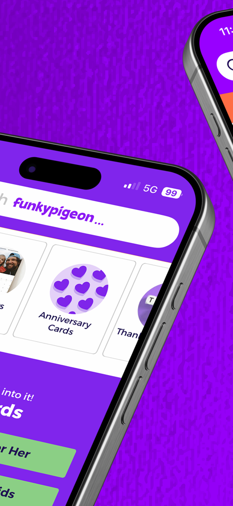 Funky Pigeon mobile app interface showing personalized anniversary card categories