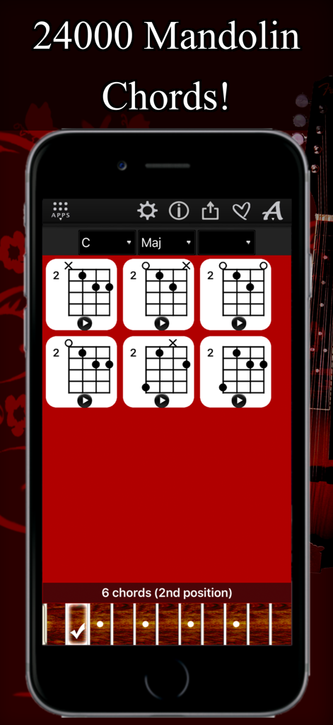 Mandolin Chords Compass - L'app Bussola Accordi Mandolino mostra diversi diagrammi di accordi di Do maggiore e posizioni della tastiera su uno schermo di iPhone.