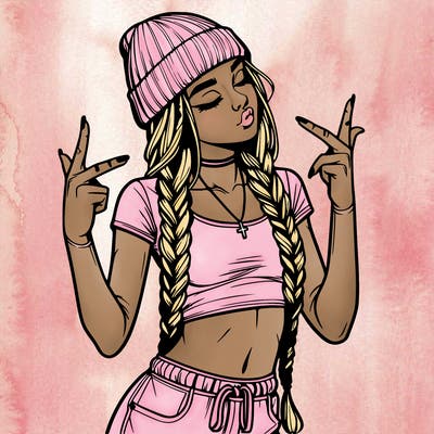 realistic teenage girl with braids and a beanie and crop top doing 🫶🏼