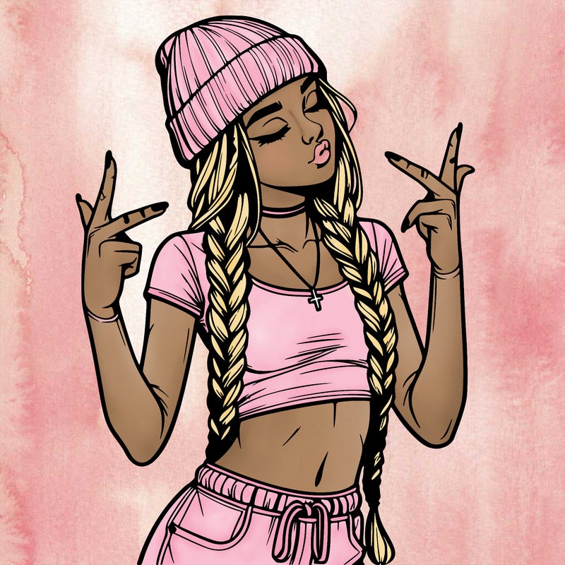 realistic teenage girl with braids and a beanie and crop top doing 🫶🏼