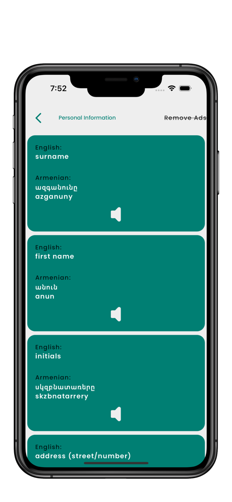 Captura de tela do aplicativo Learn Armenian mostrando frases de informações pessoais em inglês e armênio com botões de pronúncia de áudio.